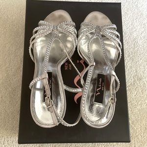 Nina NY Bobbie Silver Jolie Satin Pump high hills Cocktail open toe stiletto 8M